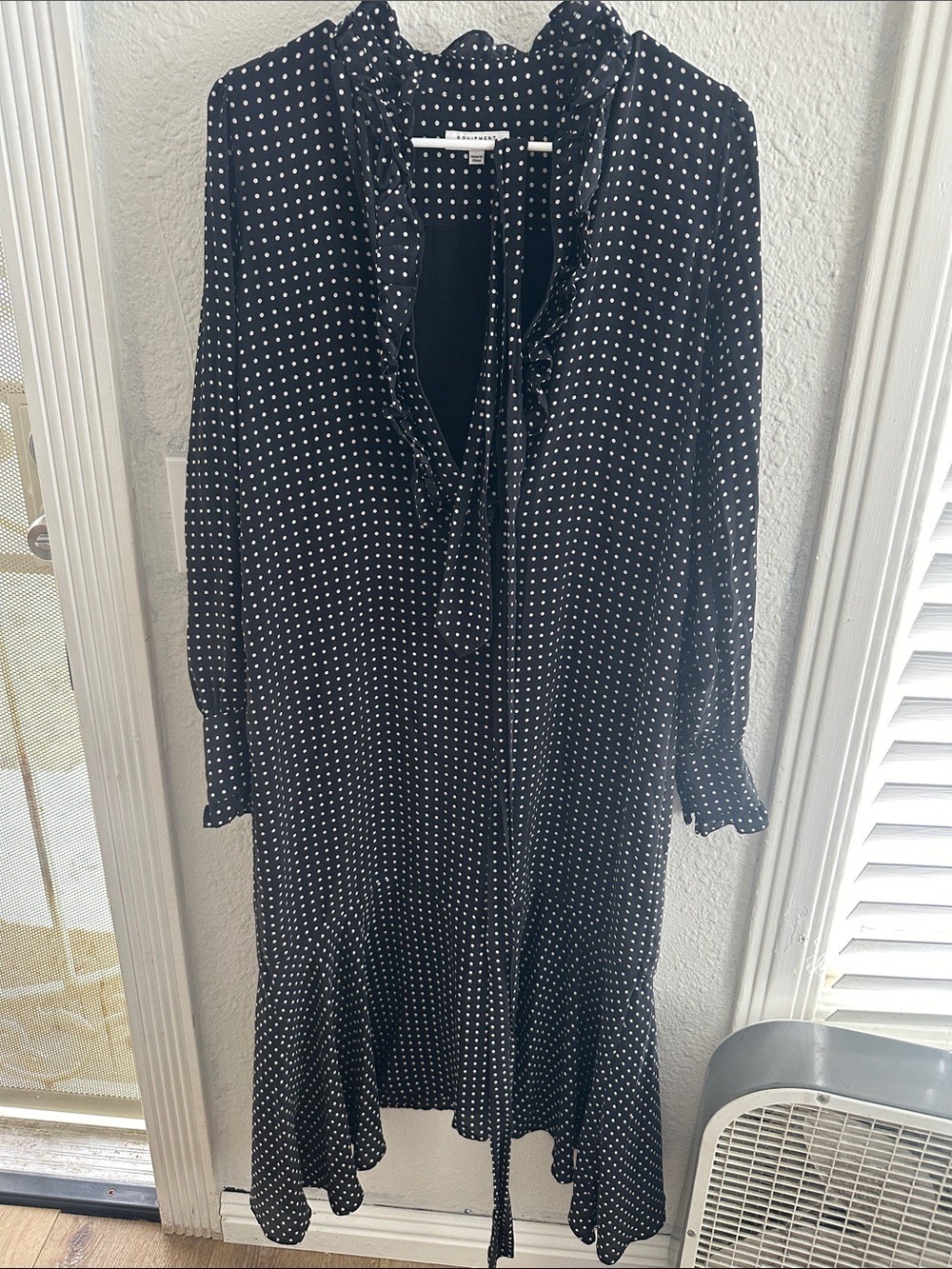 Equipment Black and White Polka Dot Ruffle-Trim Midi Dress